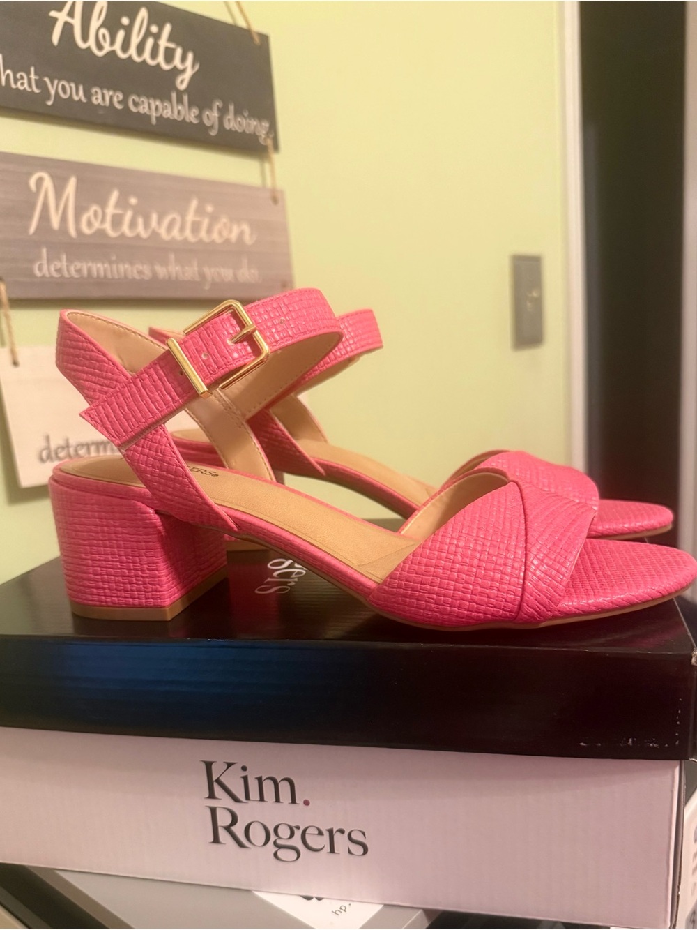 Kim Rogers Hot Pink Textured Block Heel Sandals